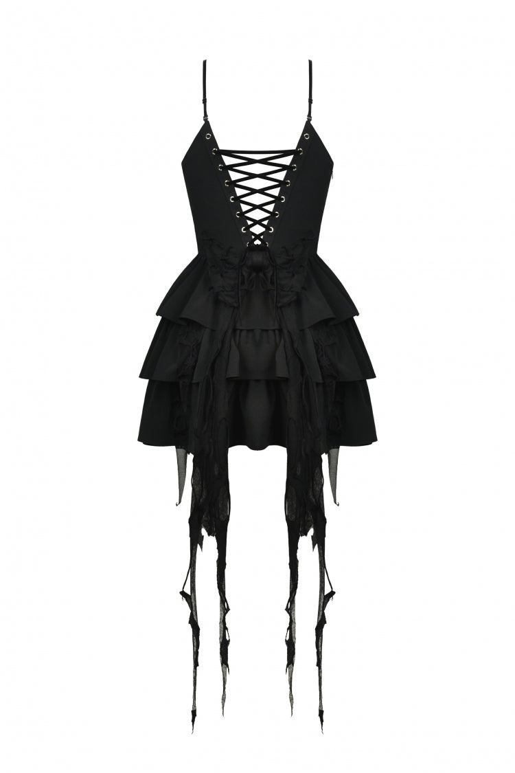 Black Little Devil Sleeveless Multi-Layered Lace-Up Women's Punk Slip Graduation Dress