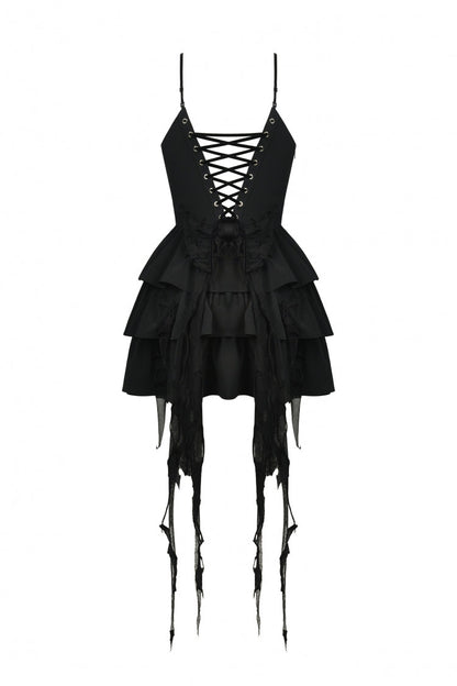 Black Little Devil Sleeveless Multi-Layered Lace-Up Women's Punk Slip Graduation Dress