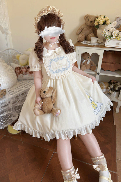 Apricot [Sweet Dream Bunny] Doll Collar Short Sleeves Ruffle Embroidery Bowknot Sweet Plus Size Lolita Dress