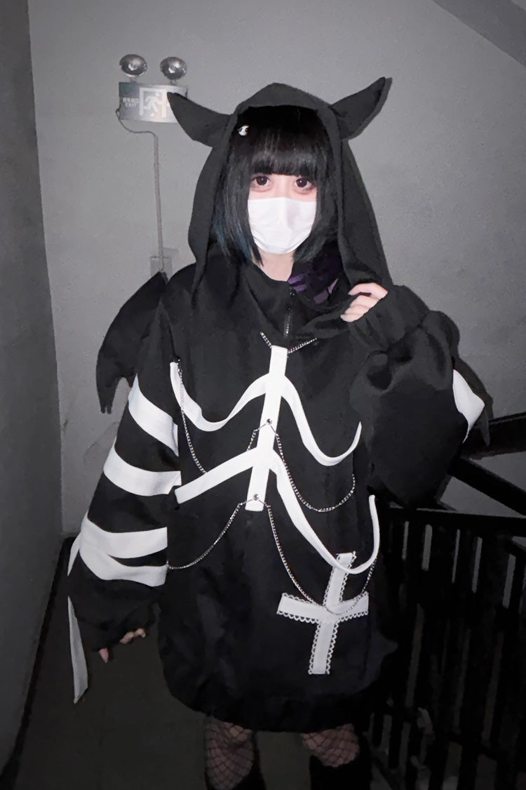 Black Devil Wings Long Sleeves Yabi Chain Bones Hooded Gothic Jirai Kei Coat