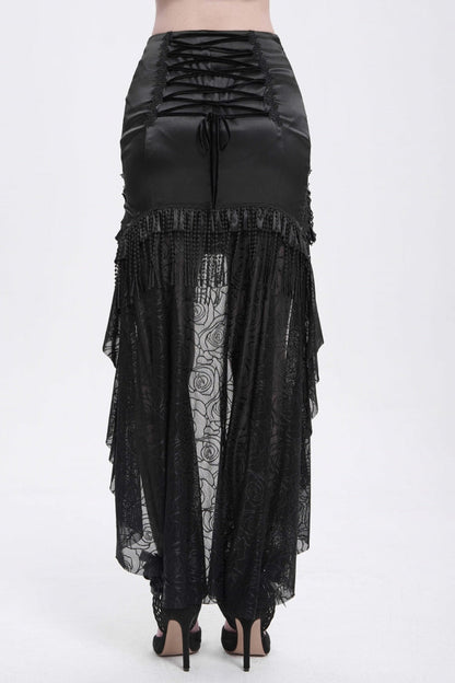 Black Embroidery Stitching Lace Mesh Women's Gothic Skirt With Train
