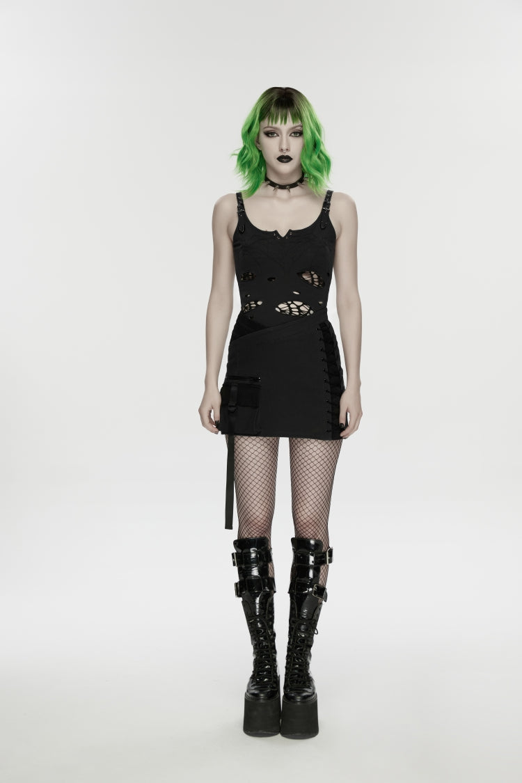 Black Lace-Up Slim Asymmetric Zippered Eyelet Women's Punk Handsome Skirt