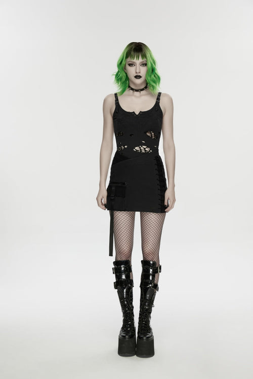 Black Lace-Up Slim Asymmetric Zippered Eyelet Women's Punk Handsome Skirt