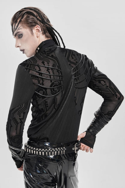 Black Long Sleeves Circuit Board Print Men's Punk Blouse