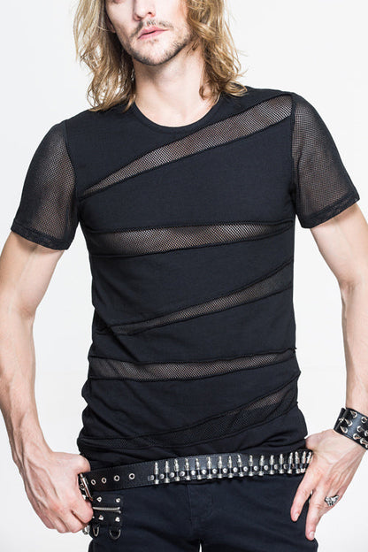 Black Partition Diamond Shape Mesh Gothic Punk Mens Tops T-Shirt