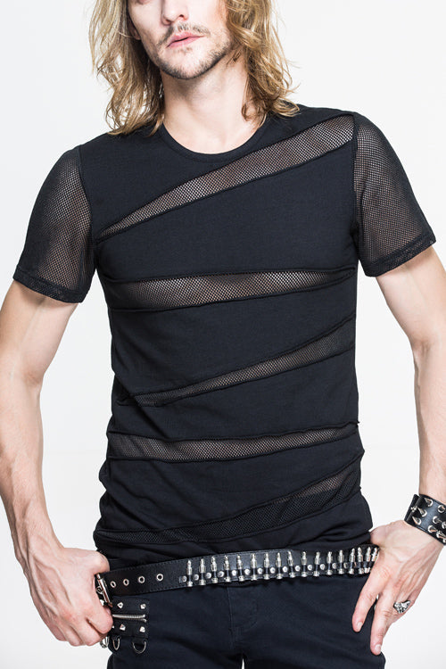 Black Partition Diamond Shape Mesh Gothic Punk Mens Tops T-Shirt