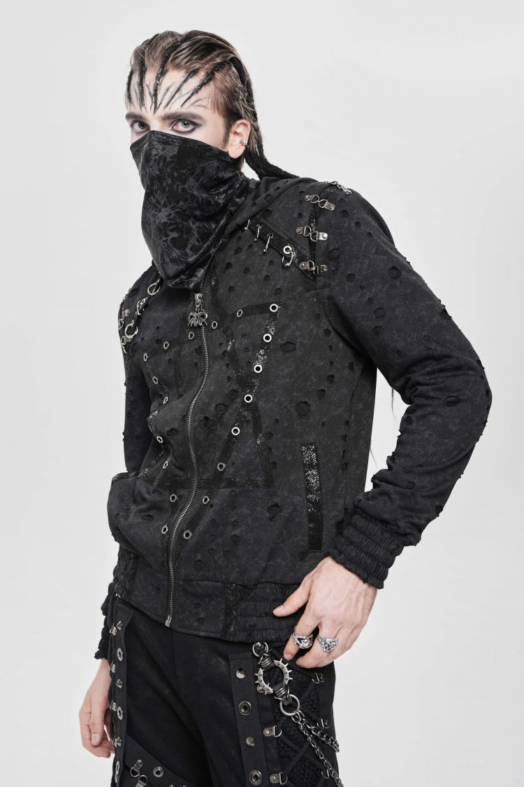 Black Long Sleeves Hexagram Print Hooded Ripped Pleated Men's Punk Coat