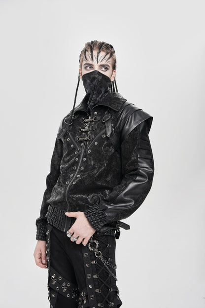 Black Faux Leather Stitching Buckle Zipper Straps Men's Punk Coat