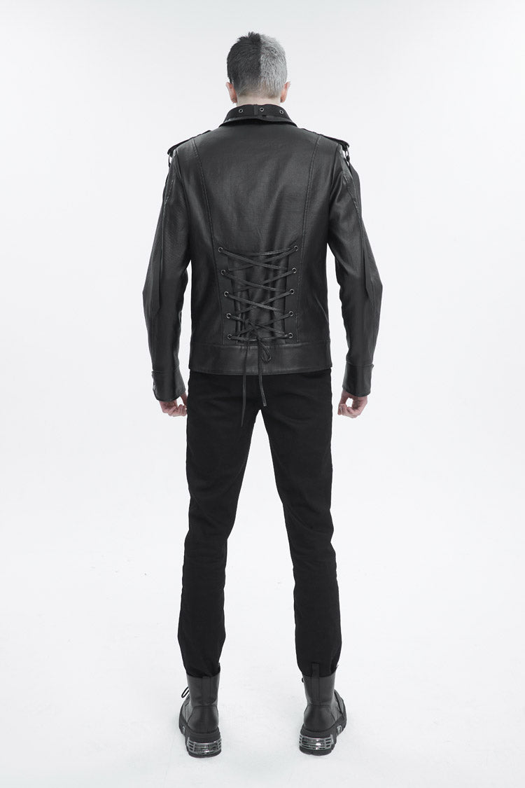 Black Lapel Collar Studded Strap Dashing Men's Punk Jacket