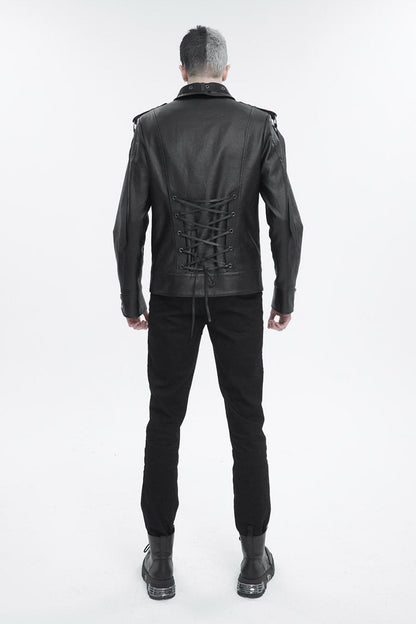 Black Lapel Collar Studded Strap Dashing Men's Punk Jacket