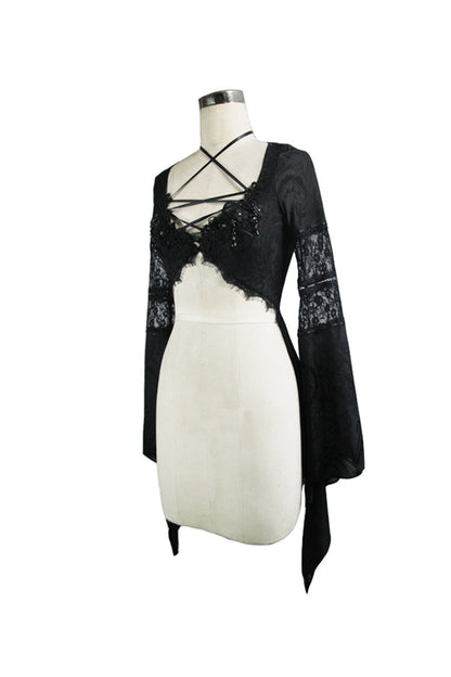 Black Perspective Mesh-yarn Long-sleeve Lace Front Short And Back Long Women's Gothic Blouse