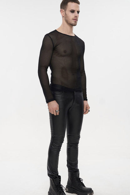 Black Gothic Elasticity High Neck Long Sleeve Mesh Men's Shirt