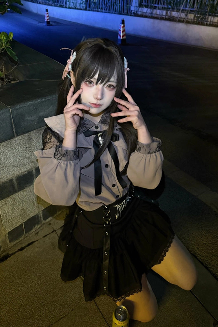 Black High Waisted Ruffle Embroidery Gothic Jirai Kei Japanese Skirt