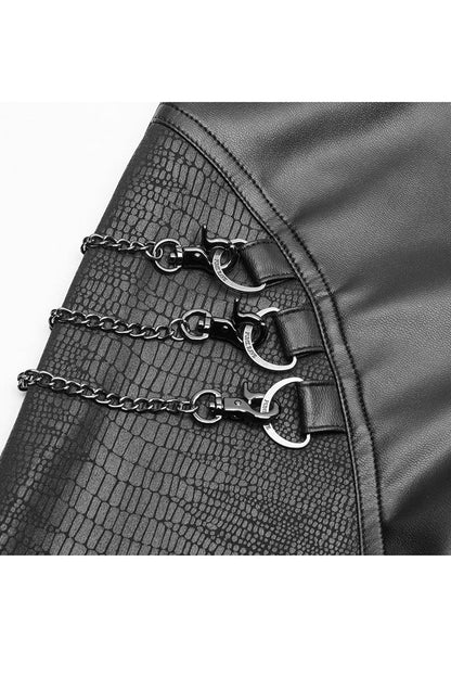 Black Crack Velvet Splice Knit PU Leather Metal Buckle Connect Chain Women's Punk Leggings