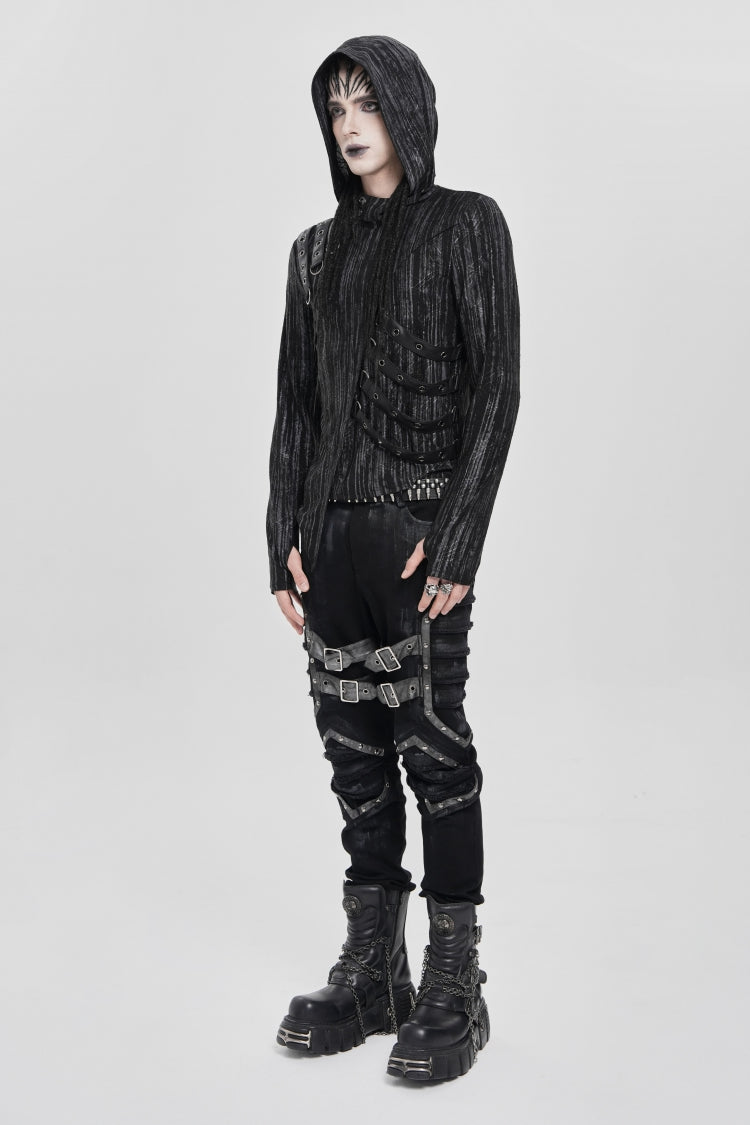 Black Long Sleeves Irregular Hooded Straps Eyelet Men's Punk Blouse