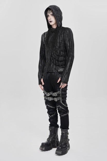Black Long Sleeves Irregular Hooded Straps Eyelet Men's Punk Blouse