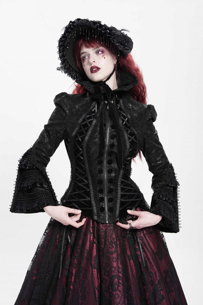 Black Lapel Collar Long Trumpet Sleeves Ruffle Lace-Up Zipper Women's Gothic Jacket