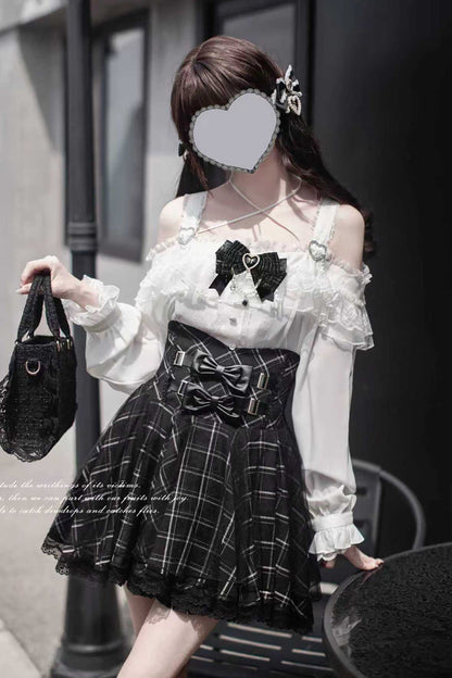 Black Plaid Print Bowknot Sweet Jirai Kei Japanese Skirt
