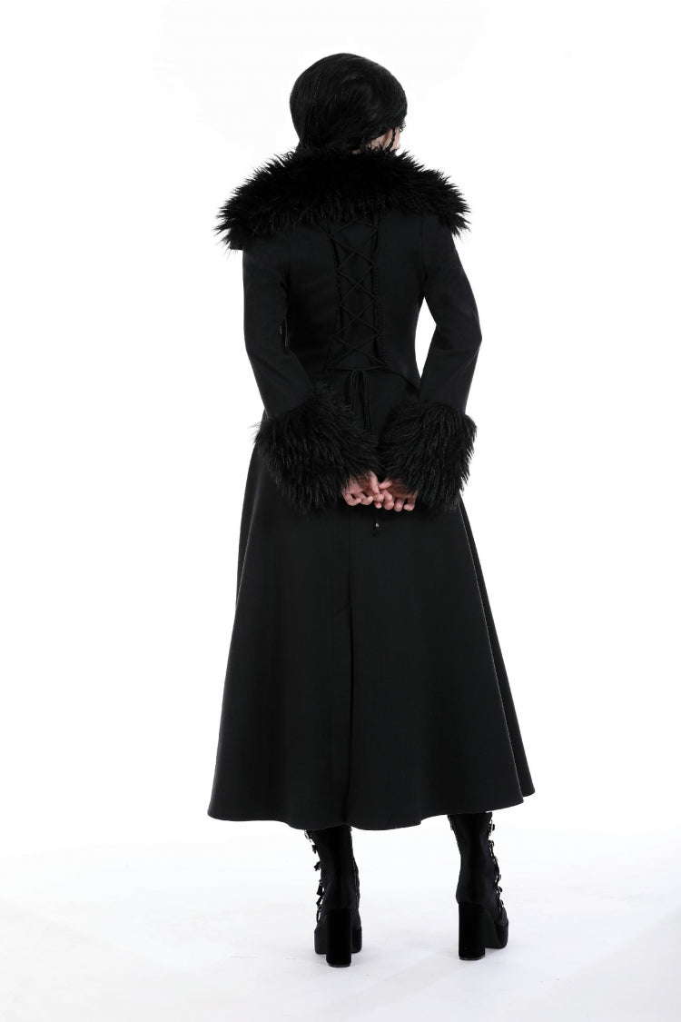 Black Long Sleeves Lace-Up Buckled Women's Gothic Draped Coat with Faux Fur Collar