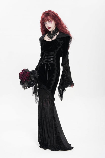 Black Long Trumpet Sleeves Embroidery Stitching Lace Hooded Mesh Women's Gothic Dress