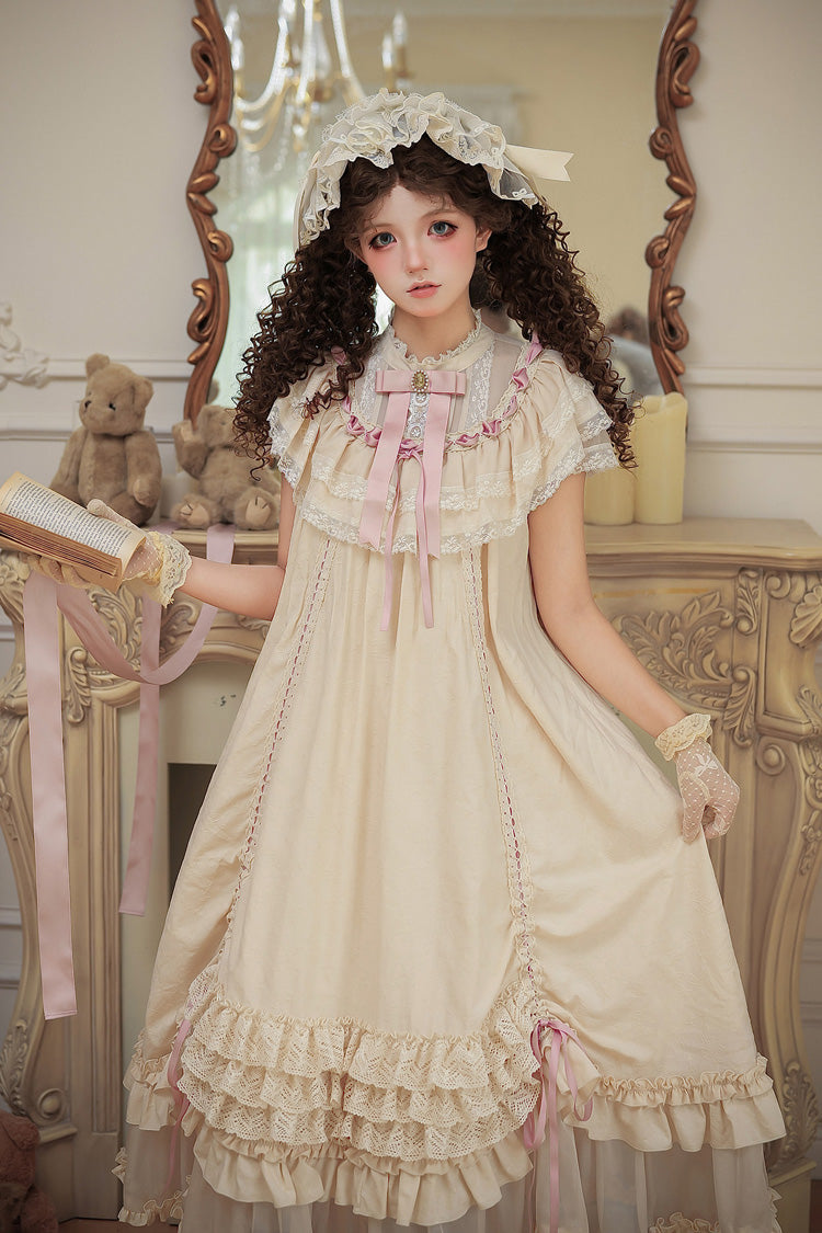 Apricot [Lily's Dream] Stand Collar Short Sleeves Loose-Fit Doll-Like Multi-Layered Ruffled Bow Lace Sweet Lolita Dress 2 Versions
