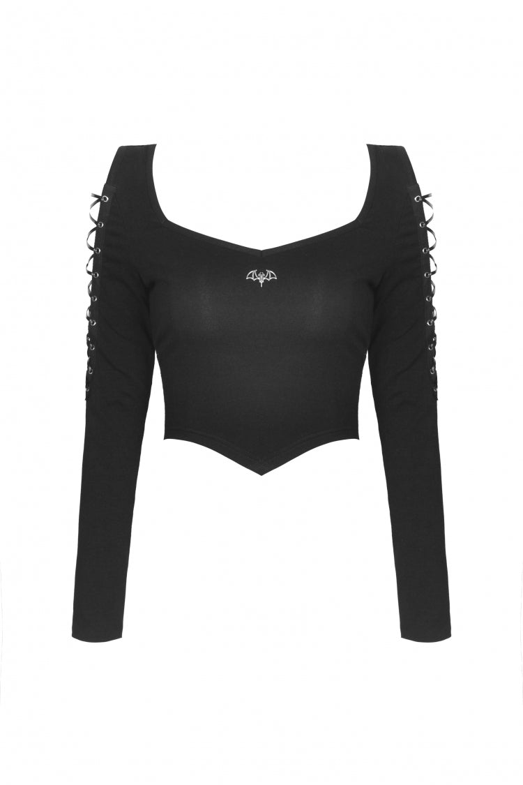 Black Long Sleeves Irregular Strappy Bat Women's Punk Crop Top
