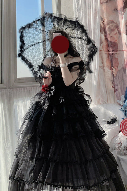 Black Multi-Layered Ruffled Hanayome Bow Pearl-Decorated Gothic Lolita Jsk Dress Full Set 2 Versions
