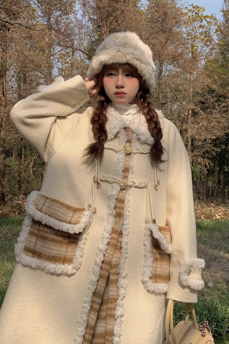 Beige Doll Collar Long Sleeves Plaid Print Stitching Sweet Lolita Coat