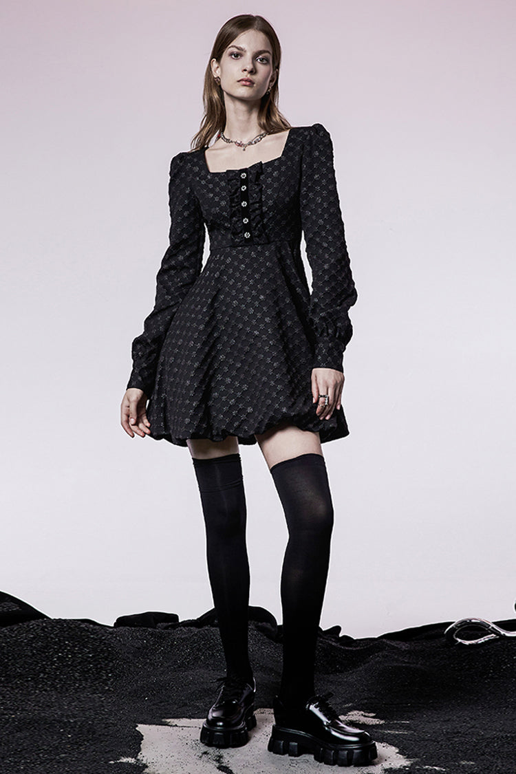 Black Flower Type Pearl Nail Square Neck Tucked Waist Flower Bud Women's Punk Dress