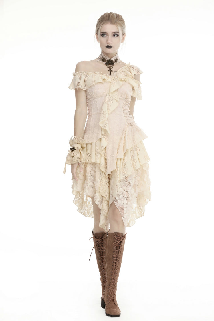 Beige Irregular Multi-Layered Ruffled Lace Women's Steampunk Vintage Dress