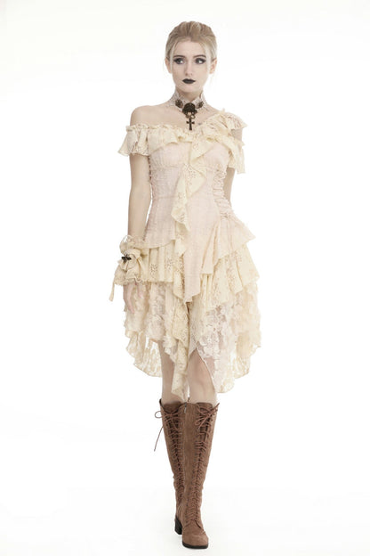 Beige Irregular Multi-Layered Ruffled Lace Women's Steampunk Vintage Dress