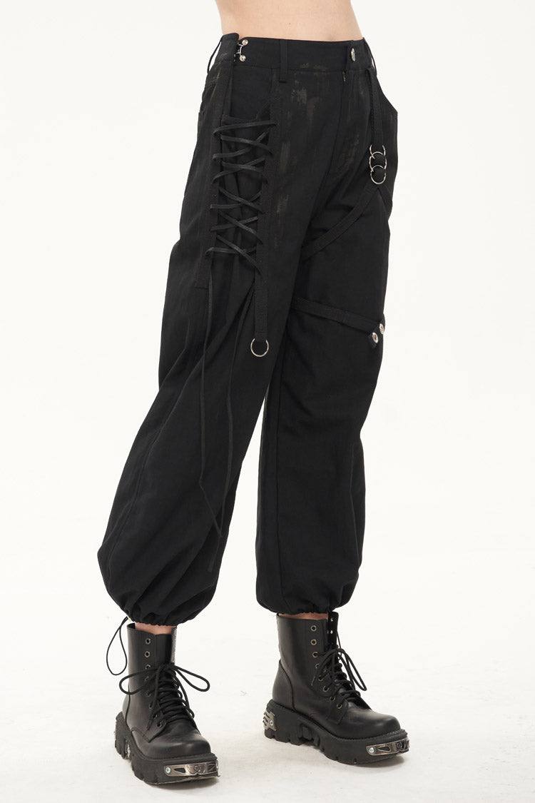 Black Irregular Print Single Side Frenulum Ring Legs Drawstring Closing Women's Punk Pants