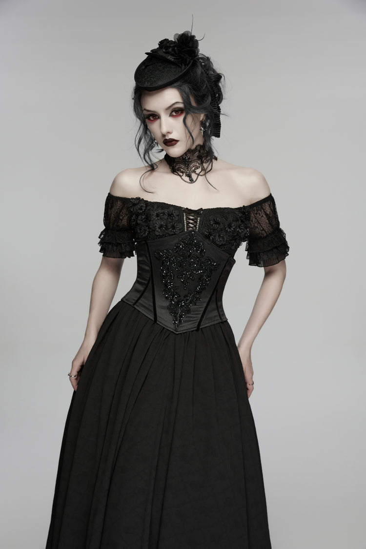 Black Lace-Up Slim Zippered Women's Gothic Beaded Embroidered Underbust Corset
