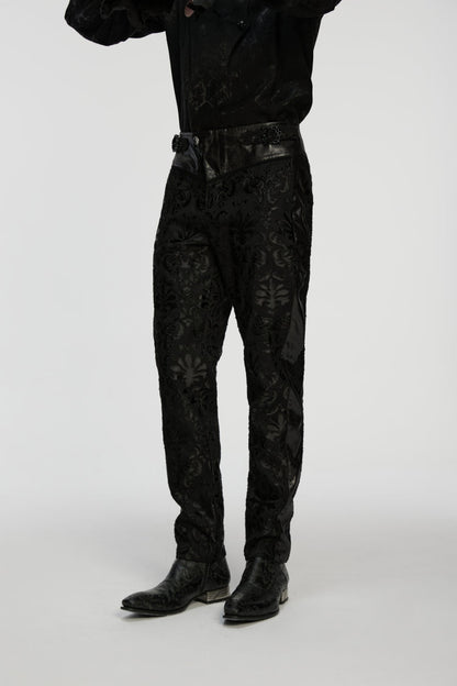 Black Jacquard Floral Embroidered Men's Gothic Pants