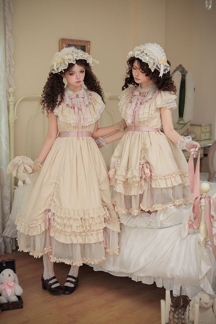 Apricot [Lily's Dream] Stand Collar Short Sleeves Loose-Fit Doll-Like Multi-Layered Ruffled Bow Lace Sweet Lolita Dress 2 Versions