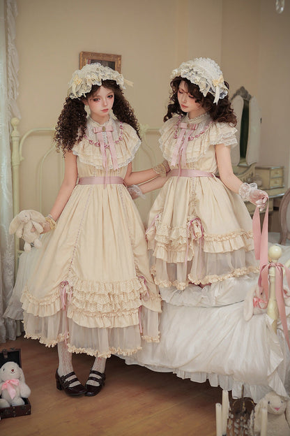 Apricot [Lily's Dream] Stand Collar Short Sleeves Loose-Fit Doll-Like Multi-Layered Ruffled Bow Lace Sweet Lolita Dress 2 Versions