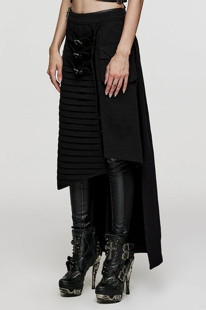 Black Adjustable Waist Irregular Metal Buckle Women's Steampunk Skirt