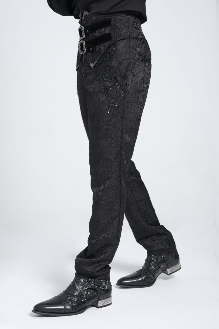 Black Double Buckles High Waisted Embroidery Men's Gothic Suit Pants