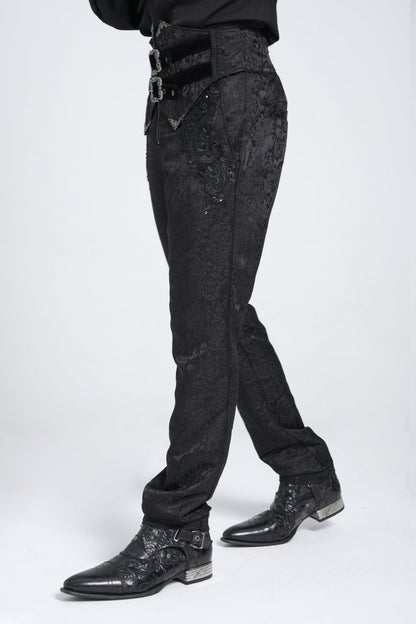 Black Double Buckles High Waisted Embroidery Men's Gothic Suit Pants