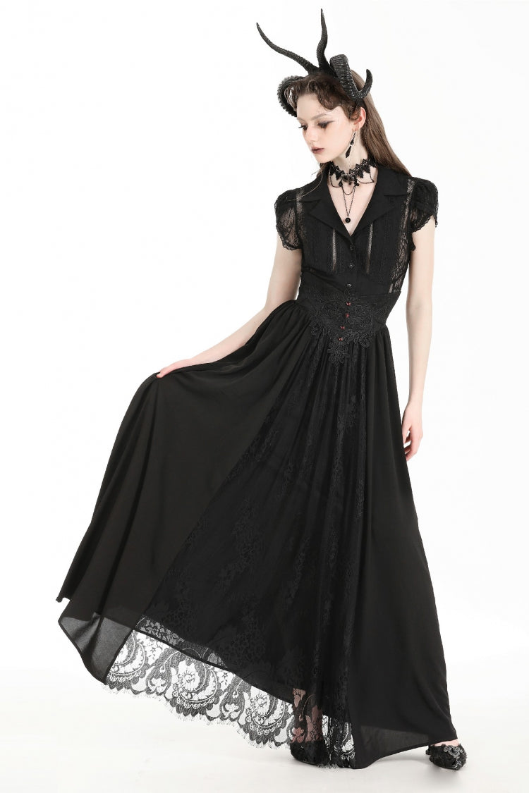 Black High Waisted Heart Embroidered Lace Women's Gothic Maxi Skirt