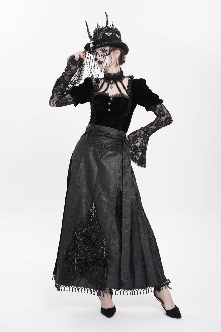 Black Floral Cross Embroidery Chain Women's Gothic Horse-face Long Skirt