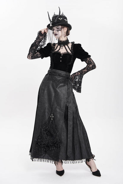 Black Floral Cross Embroidery Chain Women's Gothic Horse-face Long Skirt