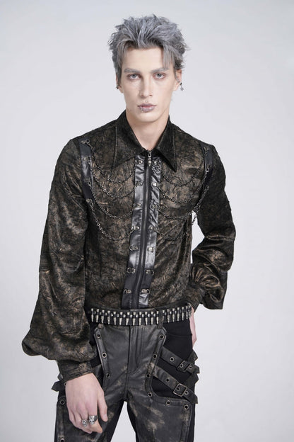 Black Lapel Collar Long Puff Sleeves Faux Leather Stitching Men's Gothic Blouse with Chain