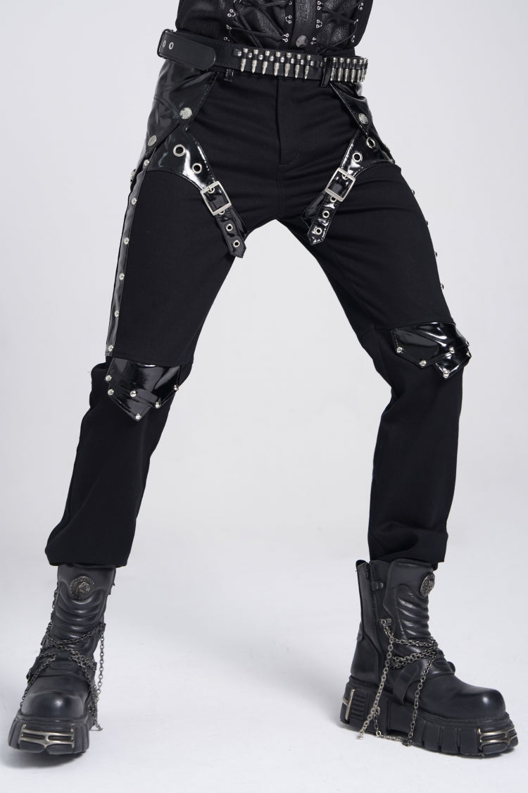 Black Armor Patent Leather Stitching Men's Punk Pants
