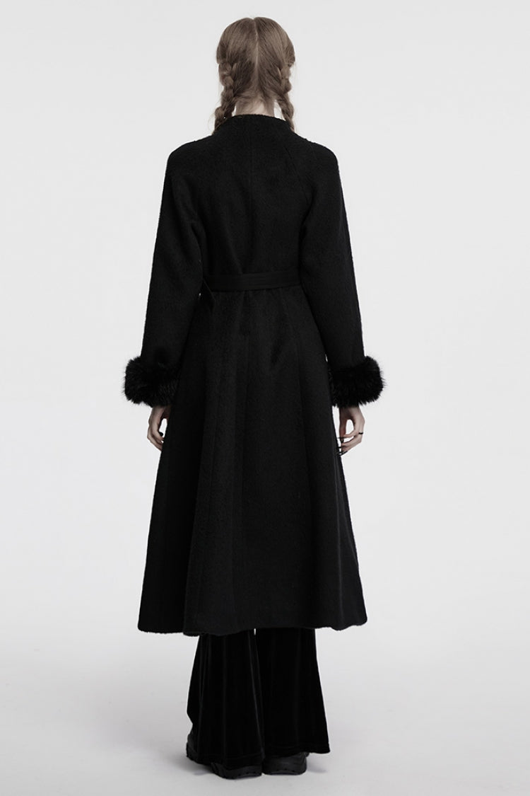 Black Long Sleeves Studded Floral Embroidery Faux Fur Stitching Women's Gothic Coat