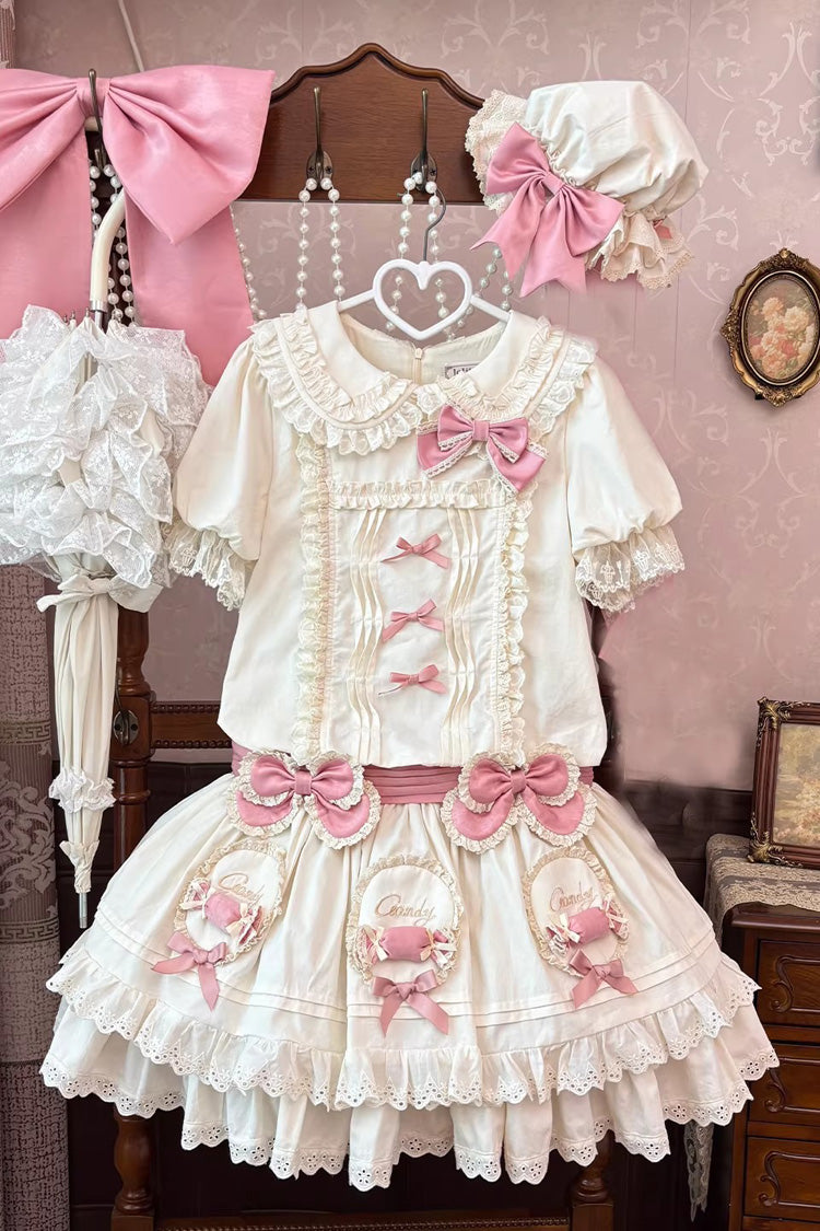 Apricot [Candy Paradise] Doll Collar Short Sleeves Double-Layered Ruffled Bow Sweet Lolita OP Dress