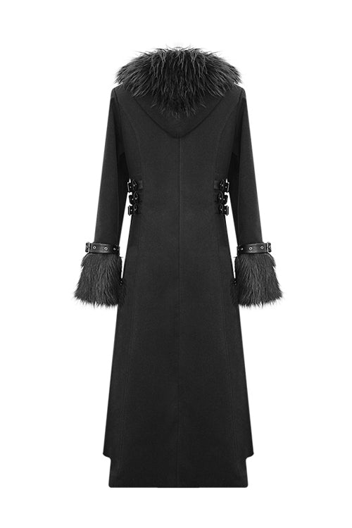 Black Double Sided Woollen Hooded Punk Mens Long Coat