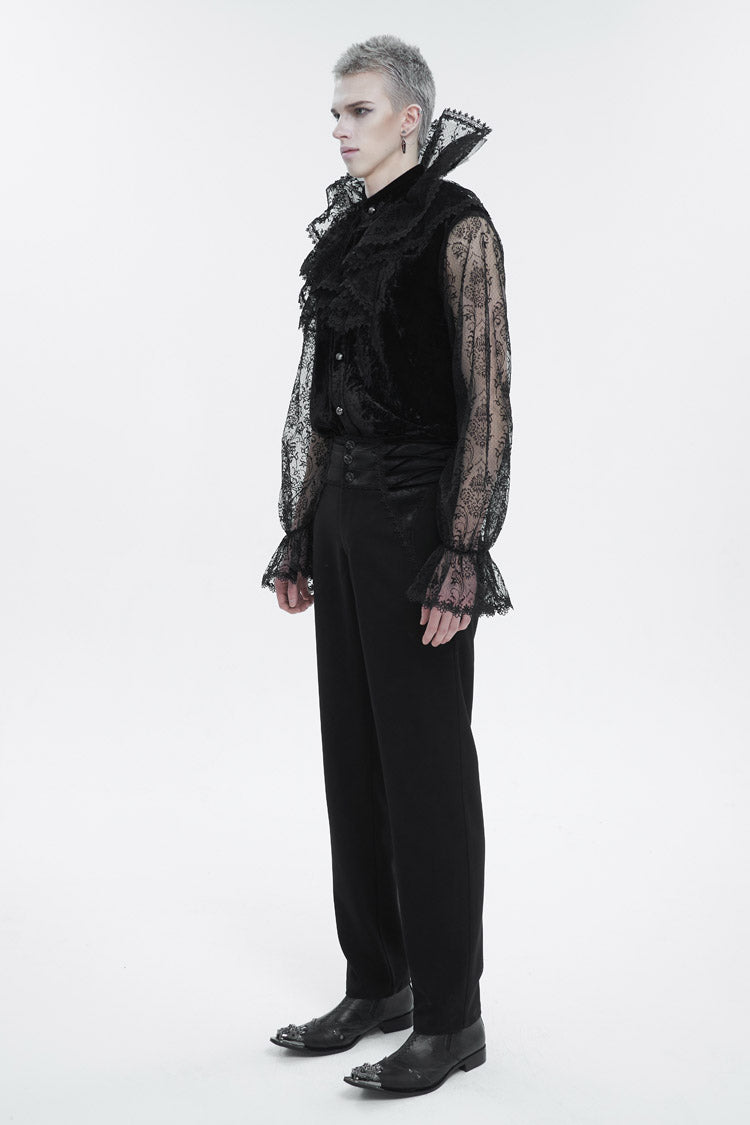 Black Lotus Leaf Stand Collar Semitransparent Lace Long Sleeved Men's Gothic Shirt