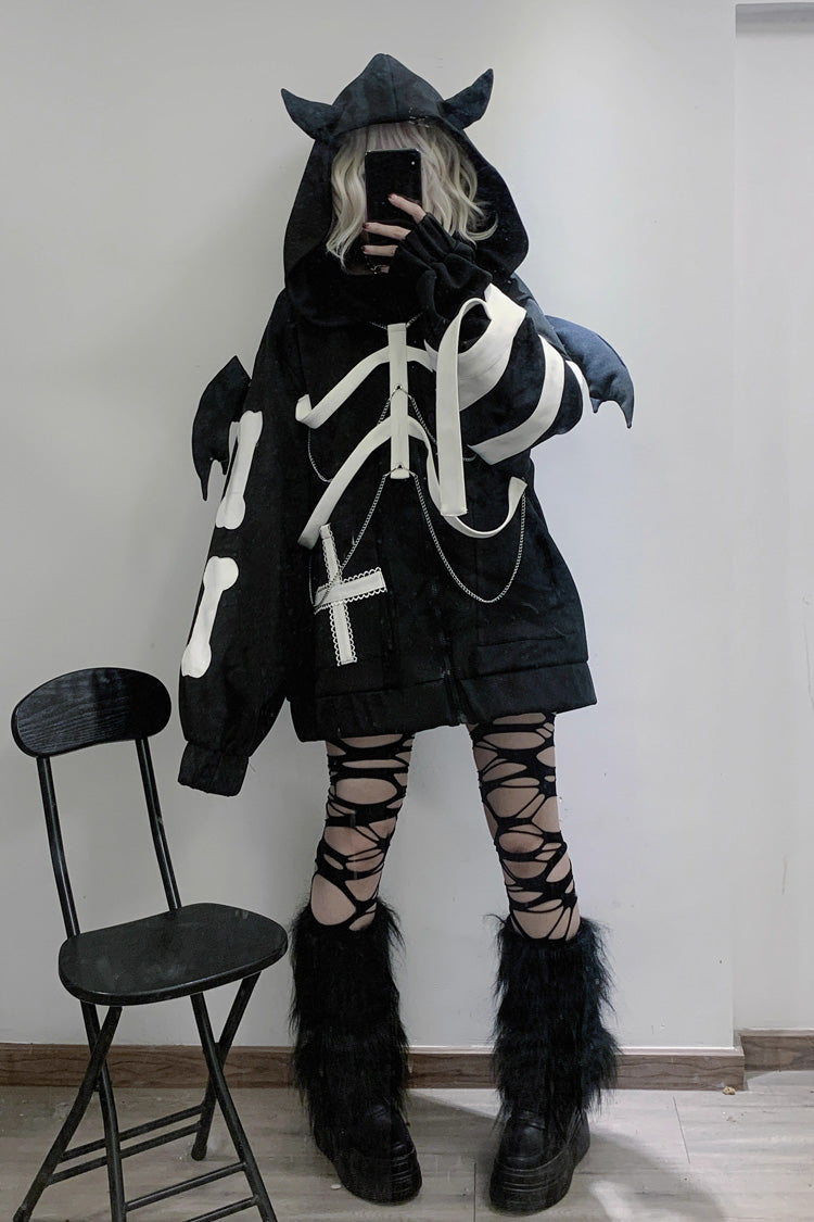 Black Devil Wings Long Sleeves Yabi Chain Bones Hooded Gothic Jirai Kei Coat