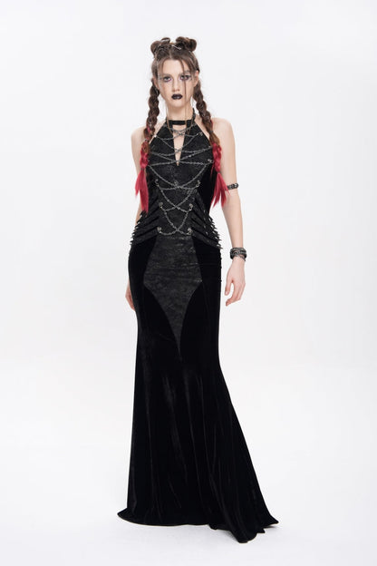 Black Halterneck Sleeveless Rivet Straps Chain Women's Punk Dress